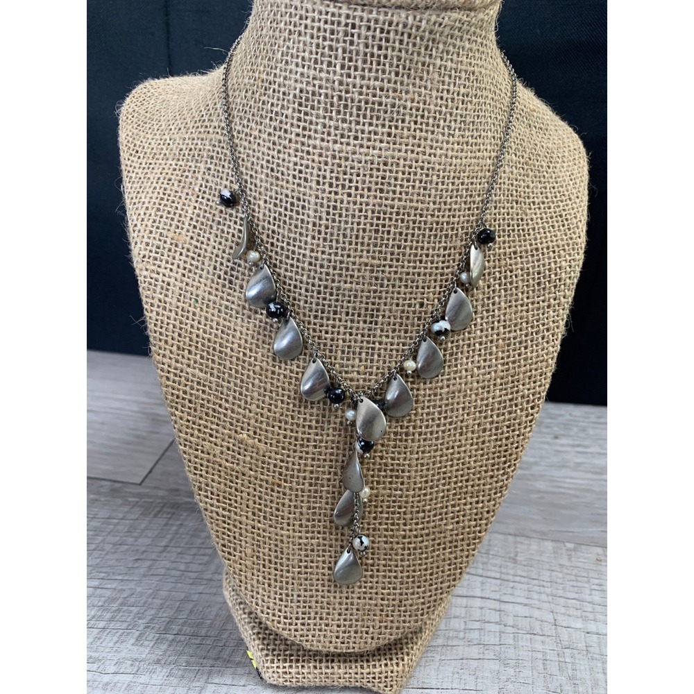 Lia Sophia Silver Tone Teardrop Y Necklace Black White Bead Drop Statement